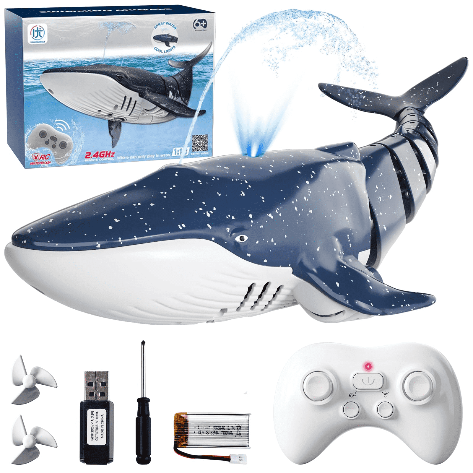 Rc Hobby Grade Boat - ของเล่นฉลามวาฬบังคับวิทยุ 2.4G, ฉลามบังคับไฟฟ้าพร้อมพ่นน้ำและไฟ, ของเล่นในสระน้ำสำหรับเด็กอายุ 4-9 ปี,